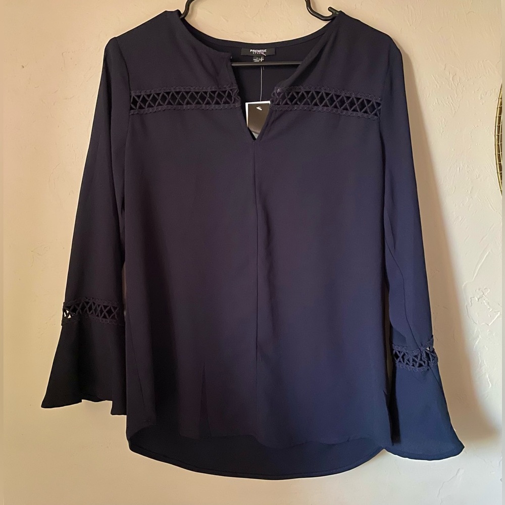 🆕 Premise Dark Blue Laser Cut Blouse with Bell Sleeves | Small